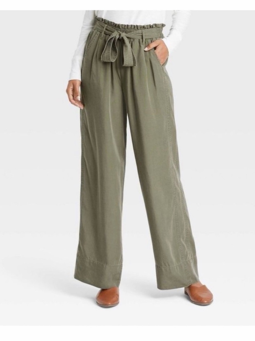 Knox Rose Olive Paperbag Tie-Waist Wide-Leg Pants